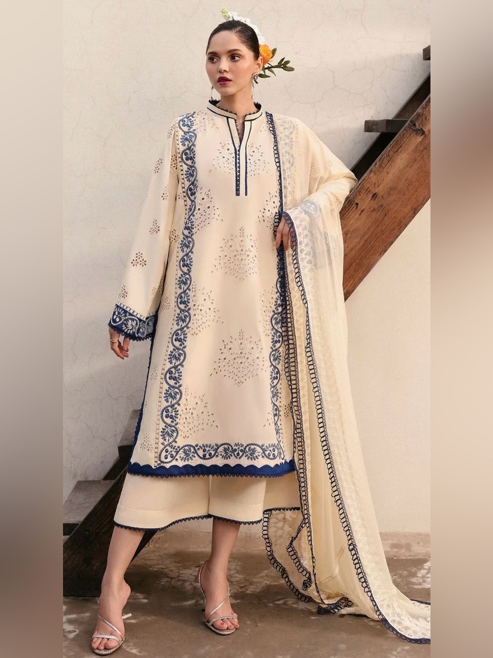 Elegant Cream Embroidered Women's Dress with Navy Accents